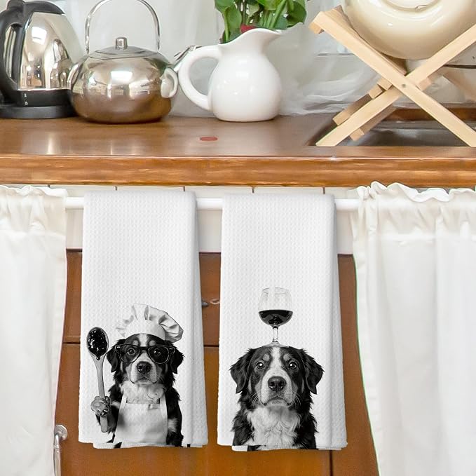 Funny Chef Bernese Mountain Dog Wine Kitchen Dish Towels, Bernese Mountain Dog - Image 2