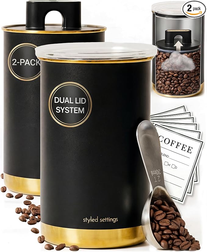 STYLED SETTINGS Coffee Bar Canisters Set of 2 – Vacuum Coffee Canisters by STYLEDSETTINGS