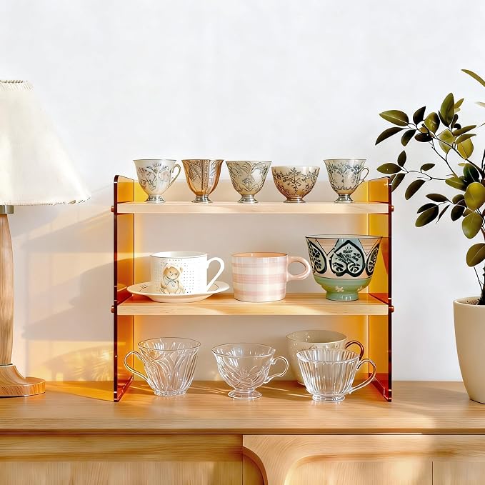 Coffee Station Organizer 2 Tier, Solid Wood Mug Shelffor Coffee Bar, Matcha - Image 6