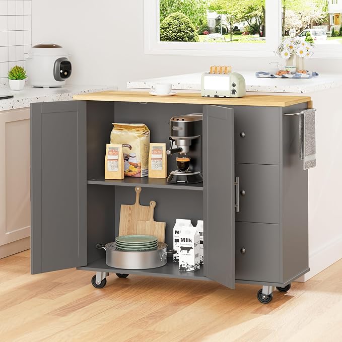 Shintenchi Kitchen Island with Folding Drop Leaf, Rolling Island Table with - Image 4