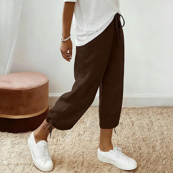 Linen Capri Pants for Women Drawstring Elastic Wide Leg Trouser 2026 Summer - Image 2