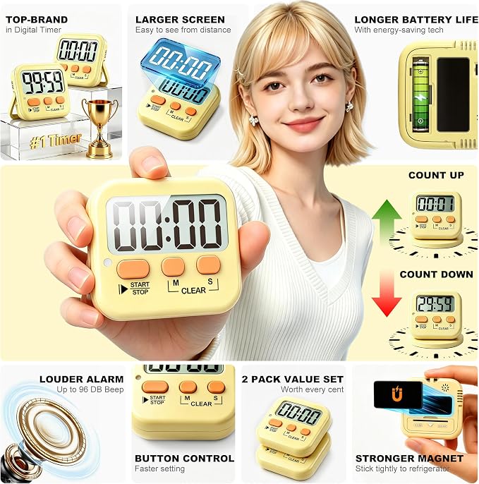 Antonki 2 Pack Digital Timer for Kids, Magnetic Countdown Kitchen Timers for - Image 4