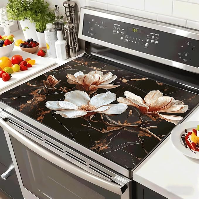 Black Gold Magnolia Stove Top Cover 28.3 x 20.5 Inches, Heat Resistant Glass by KKYEJLQYI