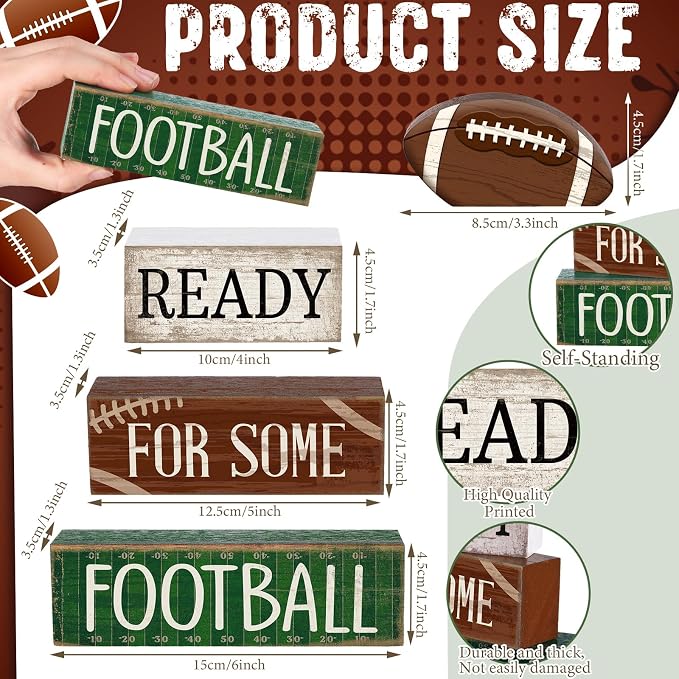 Yuntau 4 Pcs Football Fall Table Decoration Happy Football Wooden Block Sign - Image 2