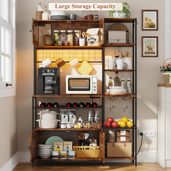 67 in Tall Bakers Rack with Power Outlet & LED Light, Coffee Bar Cabinet with 2 - Image 3