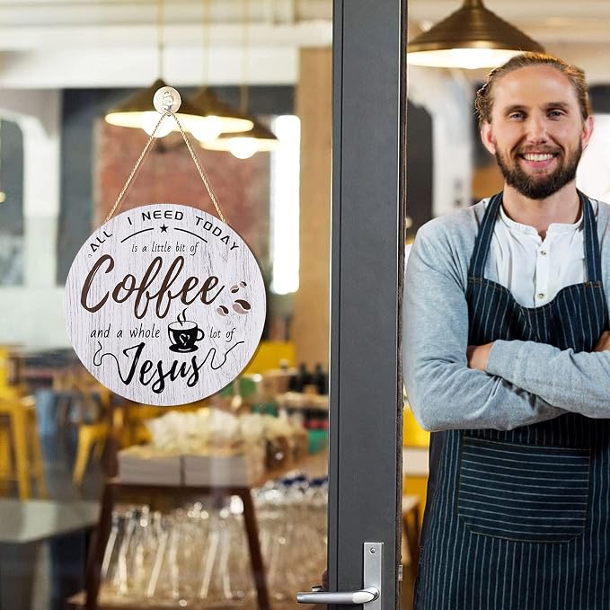 HMASYO Rustic Wood Coffee Bar Sign, 'A Little Coffee & Jesus', - Image 7
