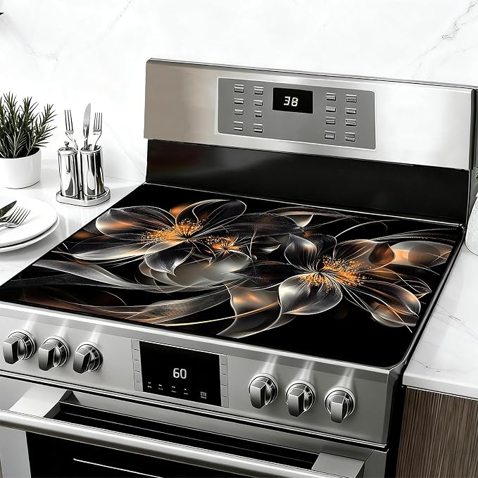 28"x20" Anti-Slip Electric Stove Top Cover Black flowers Foldable by seewan