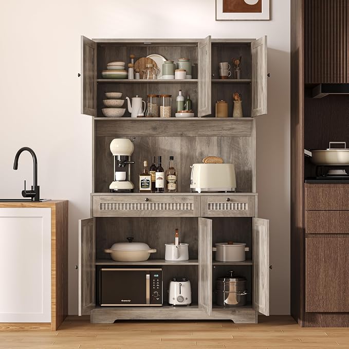 Pantry Storage Cabinet with Charging Station, Kitchen Storage with Adjustable - Image 3