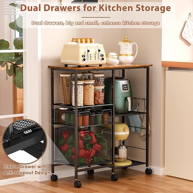 Rolling Microwave Cart with Storage, Microwave Stand with Drawers, Kitchen - Image 3