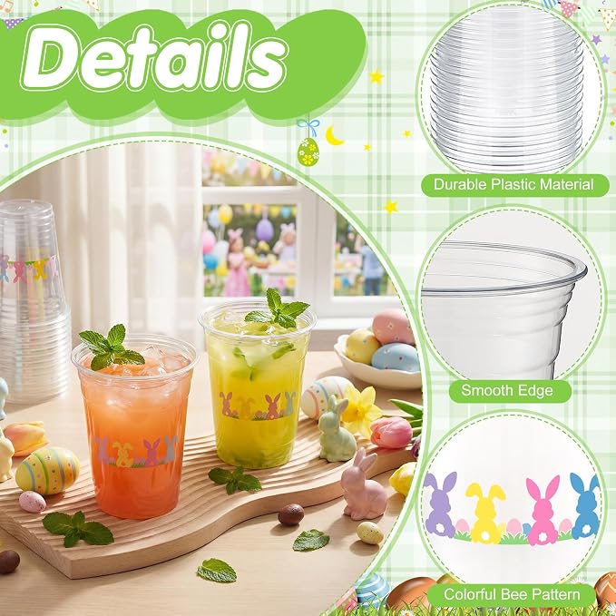 100 Pack Bunny Plastic Cups 16 oz Clear Pastel Rabbit Disposable Cups - Image 3