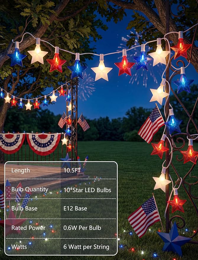 10.5FT Red White and Blue Star String Lights, 10 LED Star Patriotic Lights - Image 5