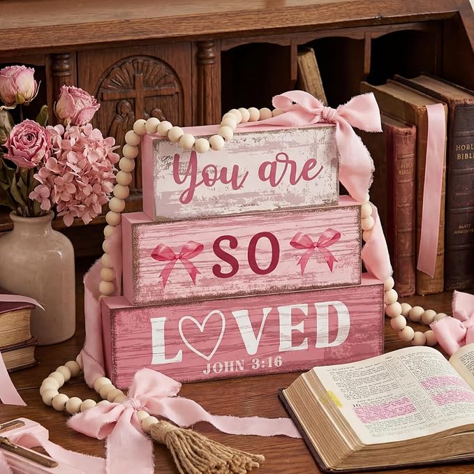 Yuntau 4 Pcs Pink Bow Decor Christian Table Decor Wooden Block Signs You Are So - Image 4