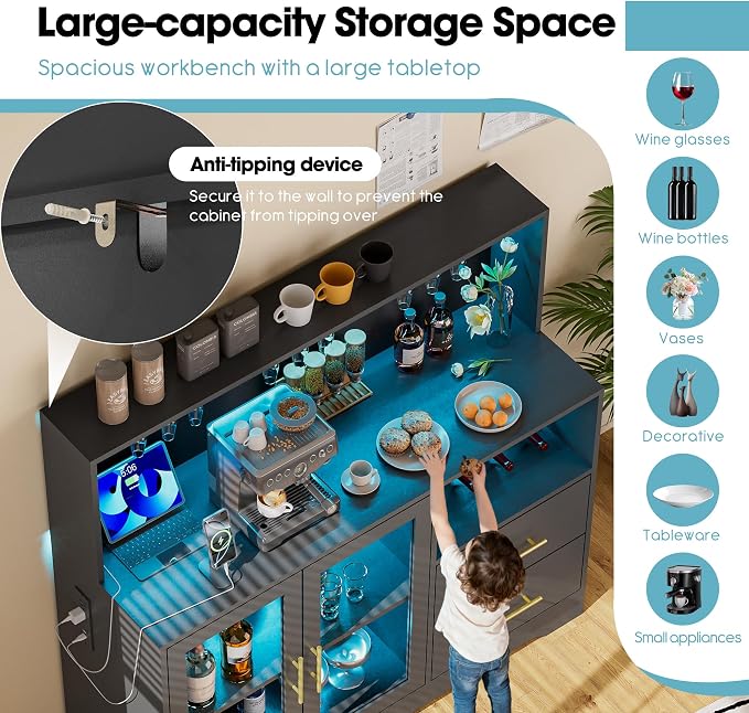 Grepatio Wine Bar Cabinet with RGB Light, Liquor Cabinet with Wine Rack and - Image 5
