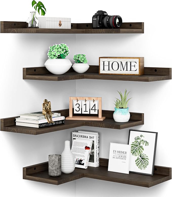 Floating Corner Shelves Set of 4, Rustic Pine Wooden Floating Corner Wall Shelf by Eostbe