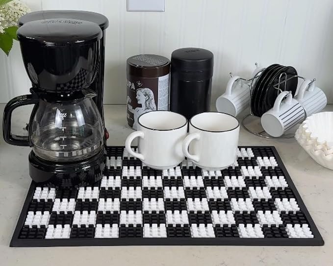 Checkered Coffee Bar Mat 18x12 in Silicone, Non-Slip Espresso Machine Mat by CALUVAR