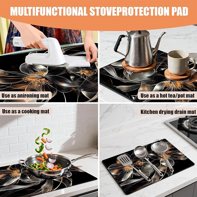 28"x20" Anti-Slip Electric Stove Top Cover Black flowers Foldable - Image 3