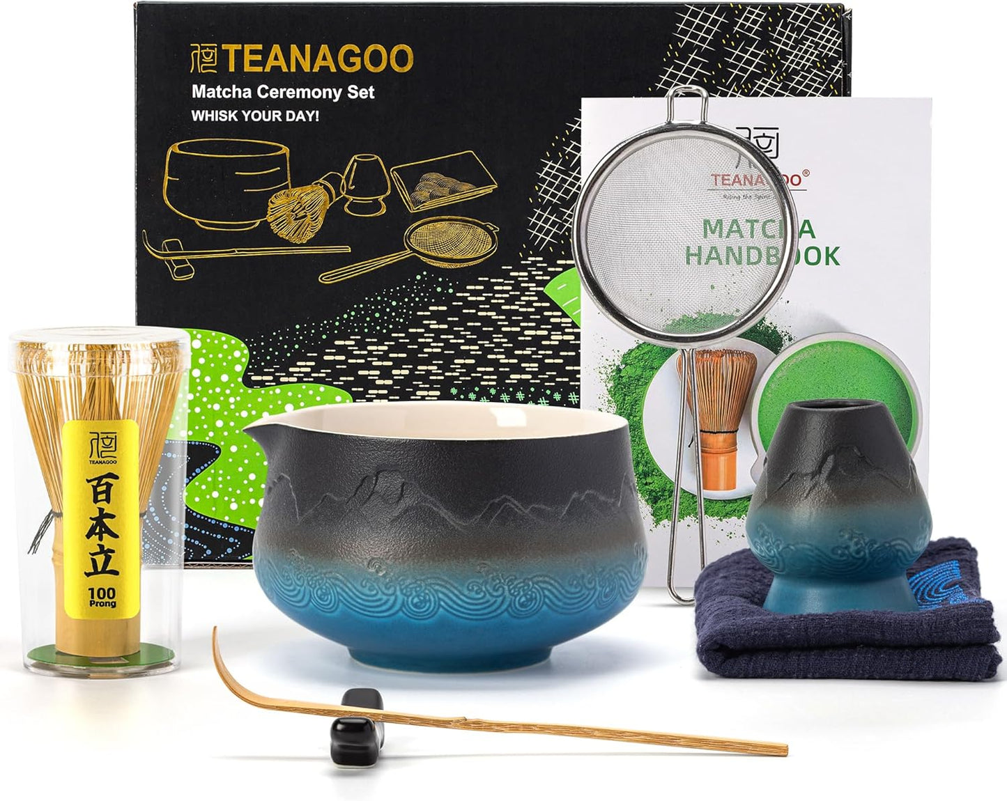 TEANAGOO 7 Pcs Matcha Whisk Set, Ceramic Matcha Set, Matcha Kit for Ceremony, Matcha Tea Set for Making Breakfast/Latte, Whisk Set and Bowl with All Accessories, Gift for Matcha Lover
