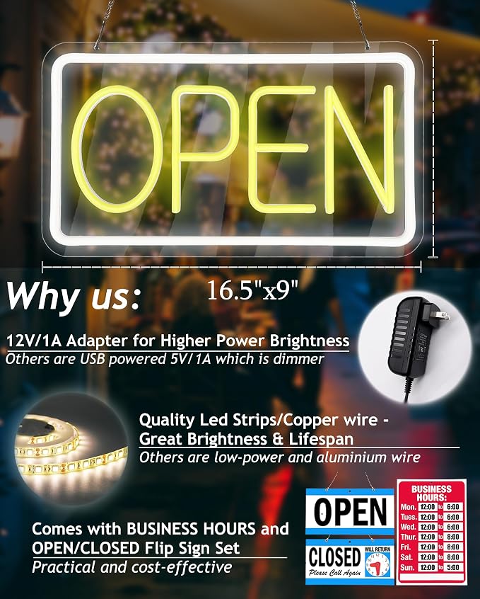 Open Signs for Business, Neon Open Sign Led, 16.5"x 9", - Image 2