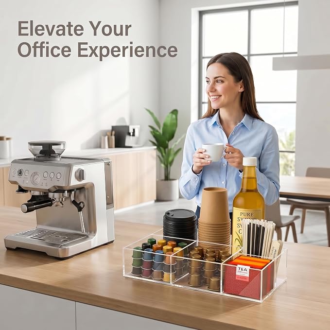 Acrylic Coffee Bar Station, Countertop Snack Tea Organizer & Condiment Tray | - Image 3