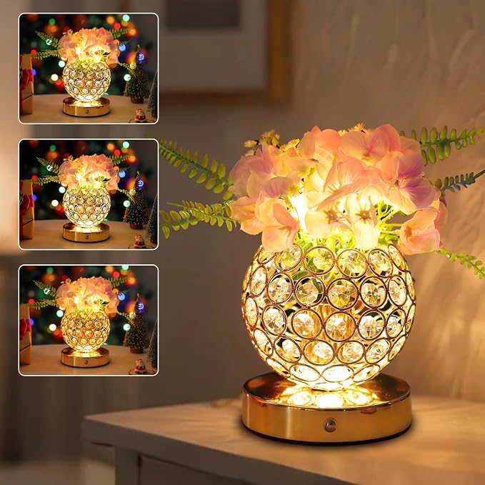 Pink Artificial Hydrangea Flower Lamp, 3 Color Dimmable Touch Control Night by Hibeauti