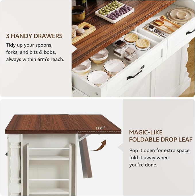 Kitchen Island with Power Outlet & Trash Cabinet, 47.6" Roman Style Rolling - Image 2