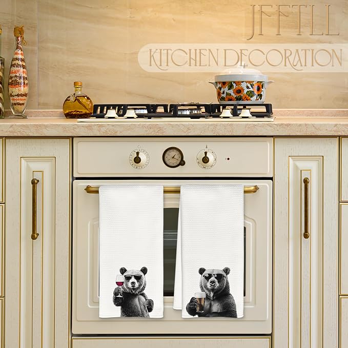 Funny Bear Kitchen Towels Set of 2, Funny Kitchen Decor, Wine Station Wine Bar - Image 3
