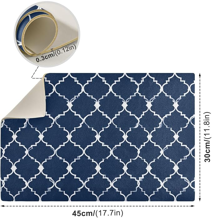 Navy Blue Quatrefoil Geometric Coffee Mat Coffee Bar Maker Backed Absorbent - Image 3