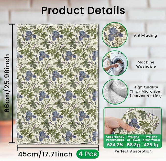 CUTHOLLOW William Morris Flowers & Plants Decorative Kitchen Towels Set of 4 - Image 2