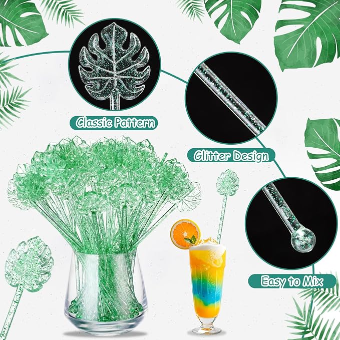 Reallnaive 100 Pcs Palm Leaf Cocktail Swizzle Sticks 7.5 Inch Green Glitter - Image 3