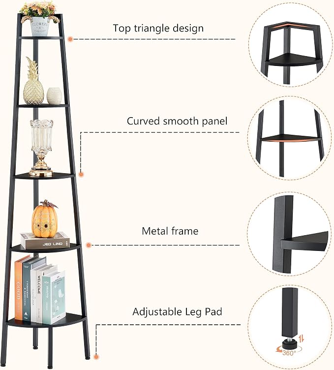 Hoctieon Corner Shelf, 5-Tier Corner Bookshelf, Rustic Ladder Shelf, Industrial - Image 5