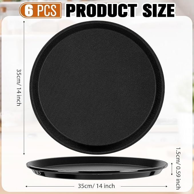 Zopeal 6 Pieces Black Round Restaurant Serving Tray, Plastic Non Slip Surface - Image 2