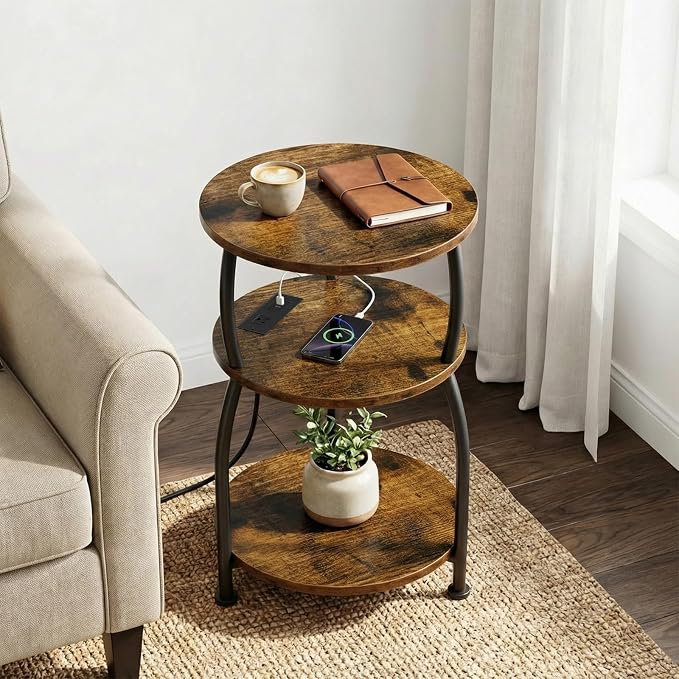 Round Side Table with Power Outlet & USB Ports, 3-Tier End Table with Storage - Image 4