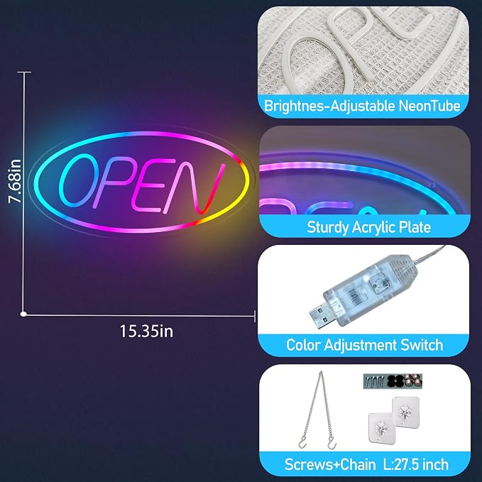 Open Signs for Business, 16.5"x 9" Dimmable Led Neon Open Sign Ultra Bright - Image 3