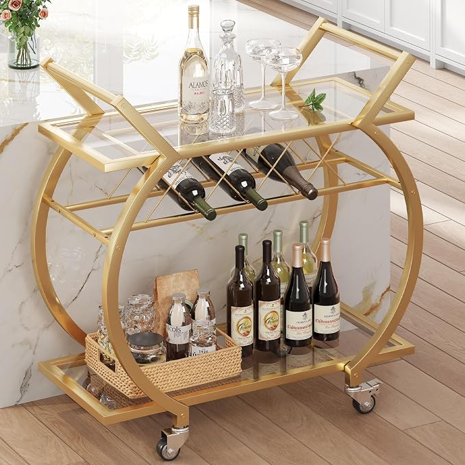 LVB Gold Bar Cart with Glass, Bar Cart with Wheels, Wine Cart with 2 Tier by LVB