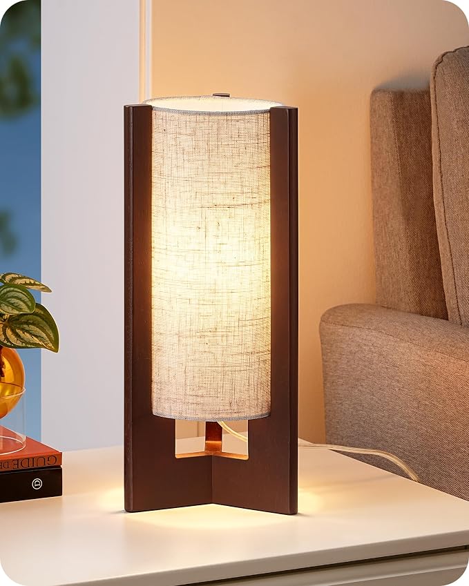 EDISHINE Wood Table Lamp, 13.5" Small Bedside Lamp, Rosewood Cylinder by EDISHINE