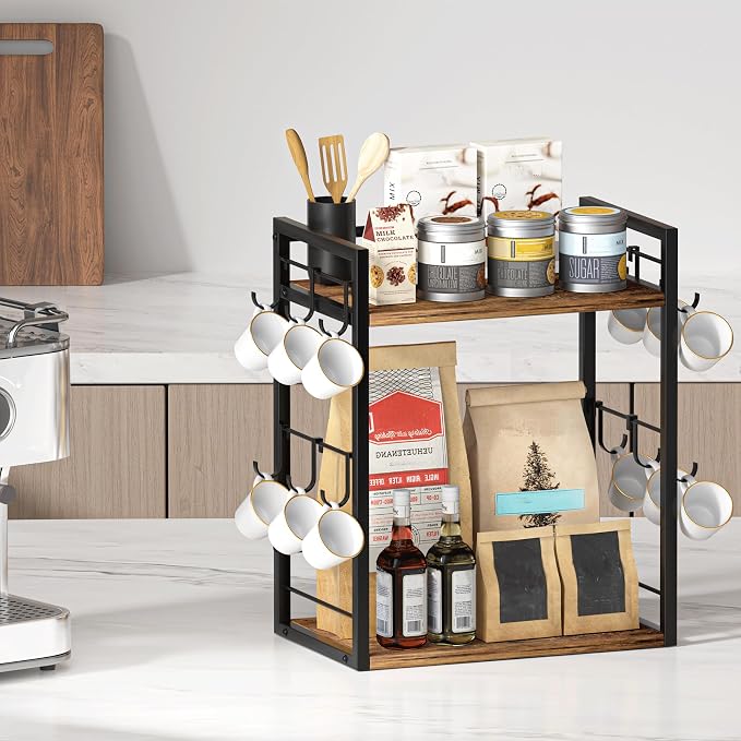 Dorhors 2 Tier Coffee Bar Accessories and Organizer, Wood Coffee Station - Image 4