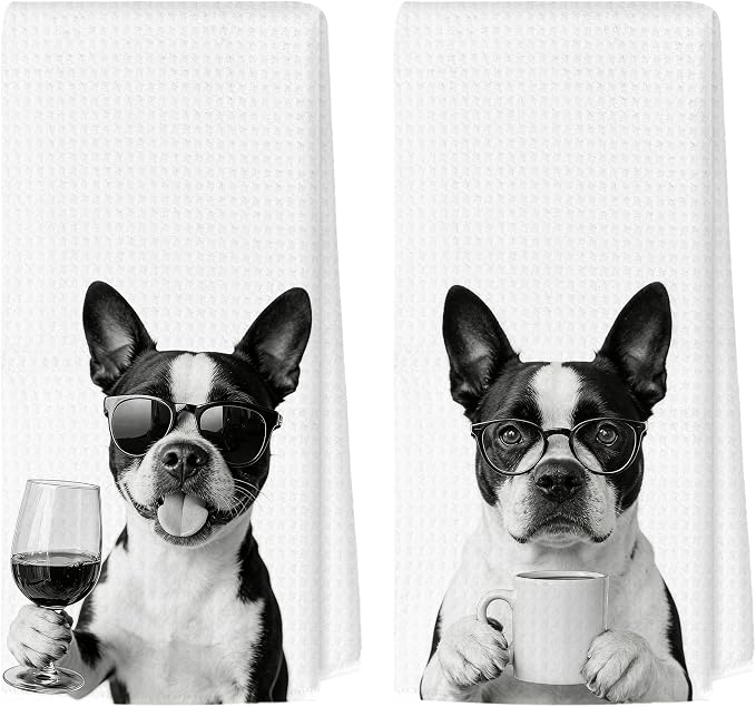 Funny Boston Terrier Kitchen Towels Set of 2, Dog Kitchen Bar Accessories by Unknown