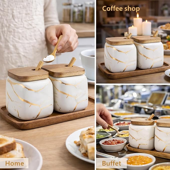 2 Sets of Marble Ceramic Sugar Bowl Ceramic Seasoning Jars - Image 3