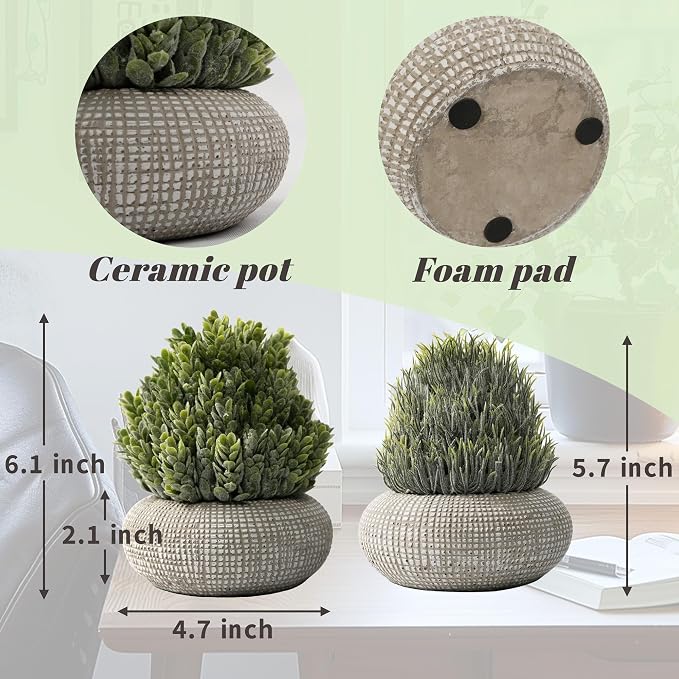 2 Pack Small Fake Plants in Cement Planter - Image 3