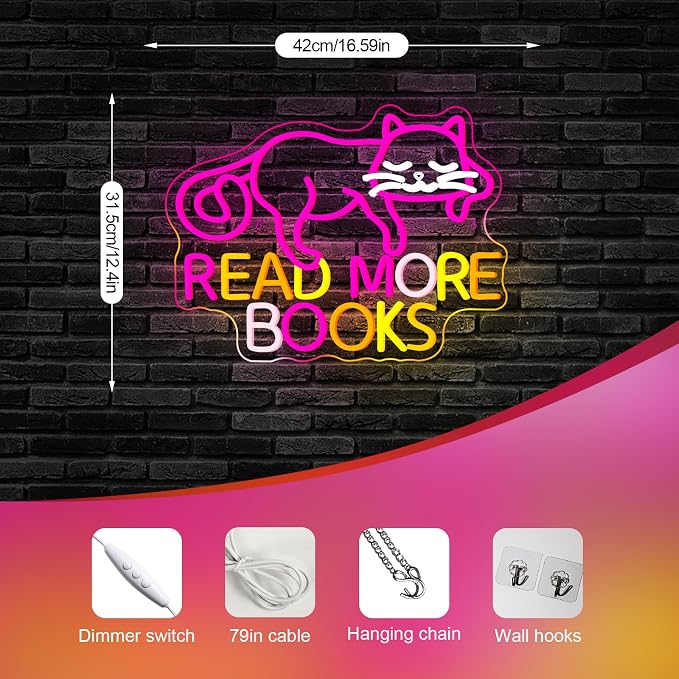 Cat Read More Books Neon Sign Led Light Dimmable LED Sign Bedroom Decor Neon - Image 6