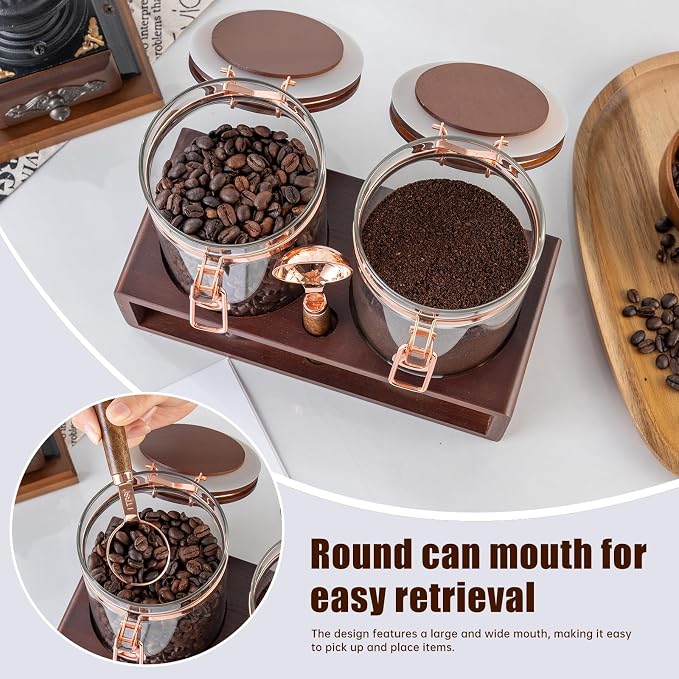 Glass Coffee Container with Wooden Shelf, 2 x 40 FLOZ Coffee Bean Storage with - Image 4