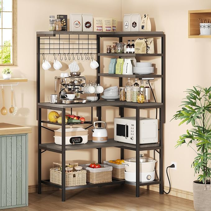 L-Shaped Bakers Rack with Power Outlets, 6-Tier Microwave Stand with Hooks - Image 7