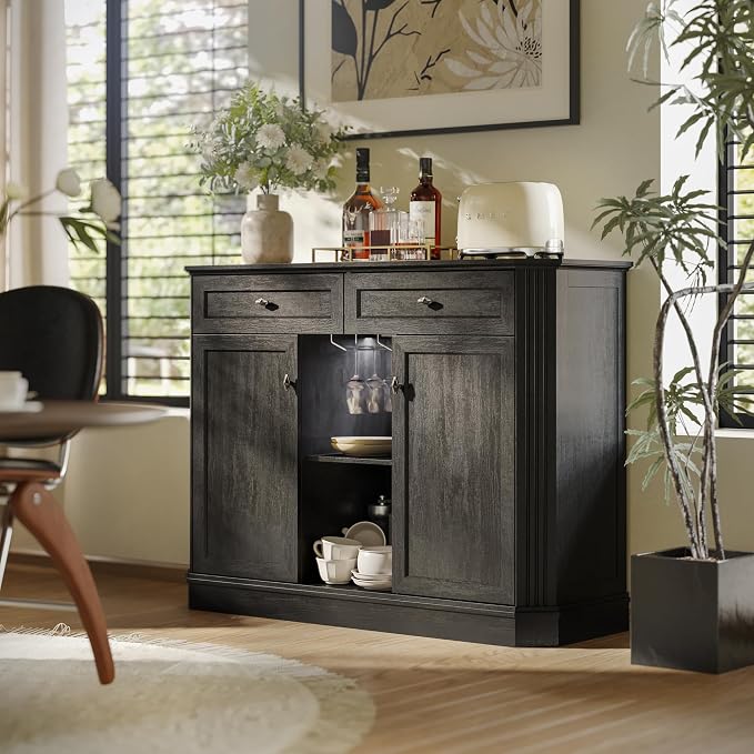 47" Wine Bar Cabinet with LED Light & Power Outlets, 2 Door Coffee Bar Cabinet - Image 5