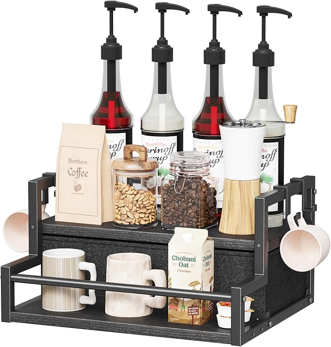 Homeiju Coffee Syrup Organizer Rack, 2-Tier Bottle Coffee Bar Accessories by Homeiju