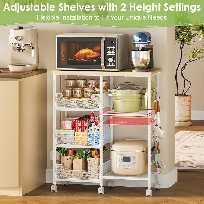 Rolling Kitchen Storage Microwave Cart & Kitchen Island on Wheels, Adjustable - Image 3