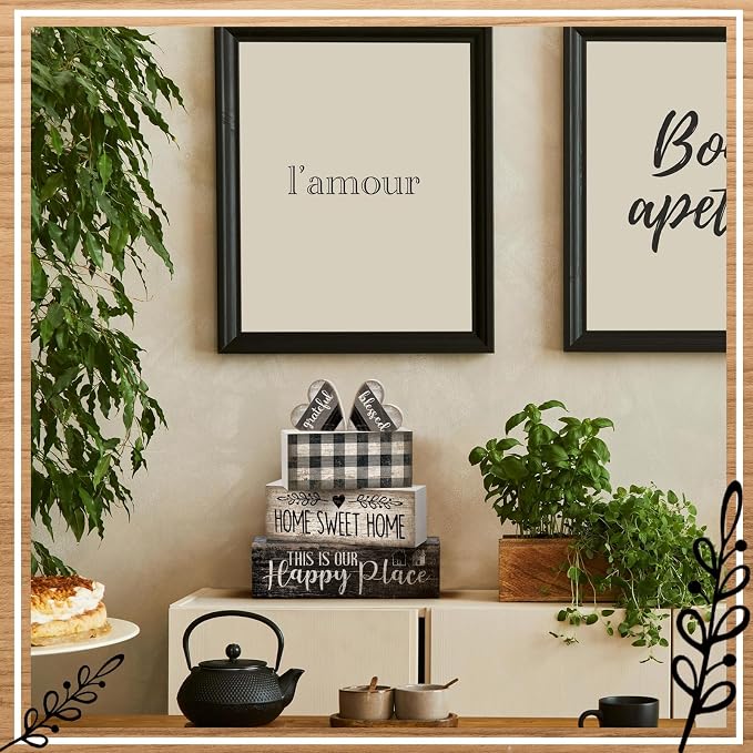 Moucuny 4 Pcs Farmhouse Kitchen Decor Black and White Farmhouse Tiered Tray - Image 6