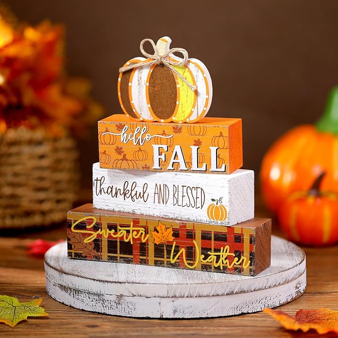 Geelin 4 Pcs Thanksgiving Decorations Fall Wooden Sign Pumpkin Tiered Tray - Image 2
