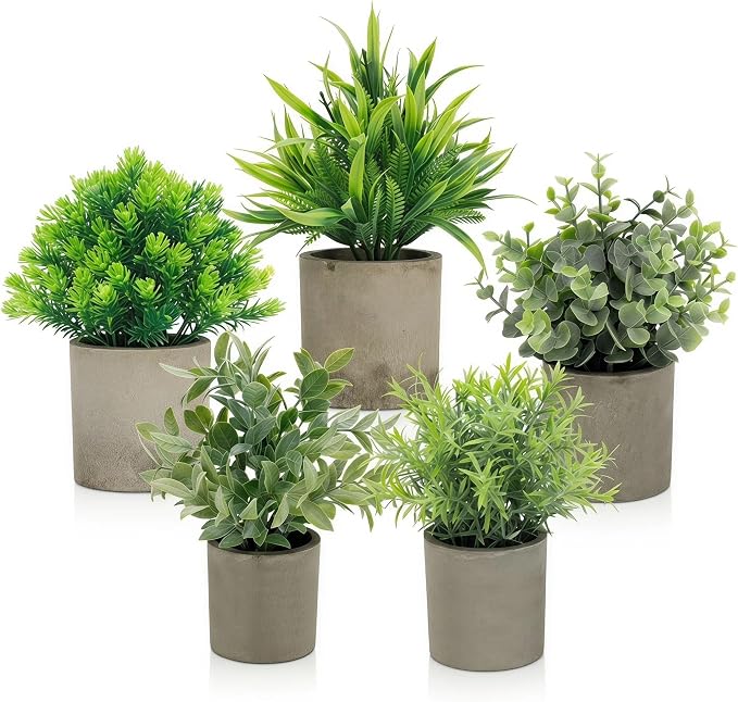 AUUGUU Artificial Potted Plants Set of 5, Realistic Faux Greenery in Cement Pots by AUUGUU