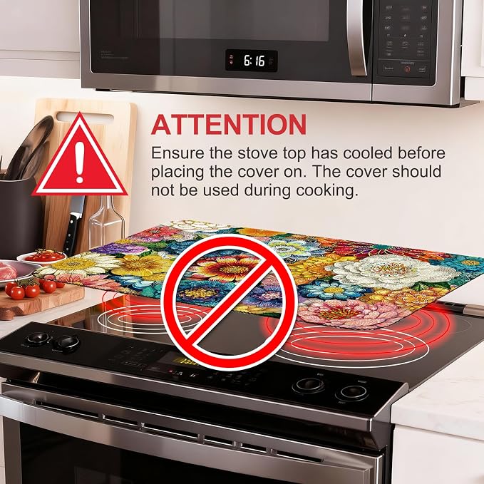 Boho Floral Stove Top Cover for Electric Stove, Colorful Flowers Rubber Stove - Image 3