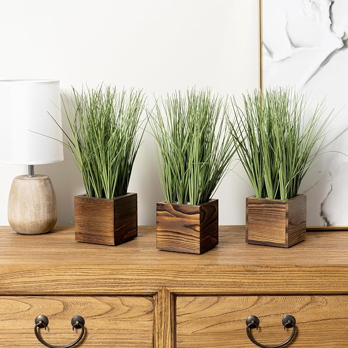 MyGift Artificial Green Grass Plants Trio in Rustic Burnt Solid Wood Planter - Image 4